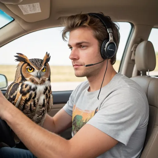 Prompt: a young caucasian man with light brown hair is driving a Saturn automobile while wearing a tshirt with a great horned owl on it and is listening to music
