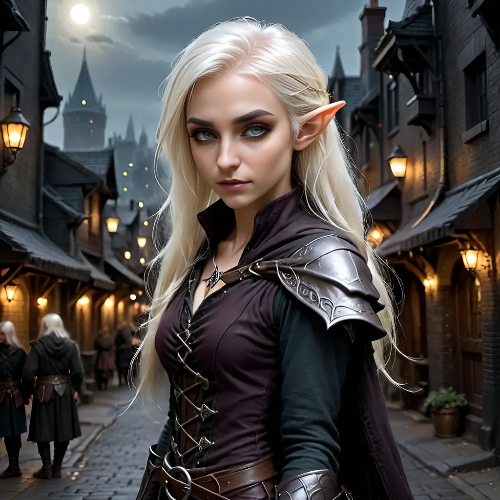 Prompt: (half-elf woman rogue), captivating beauty, (platinum blonde hair), delicate features, mysterious expression, dynamic pose, intricately detailed outfit with dark fabrics, subtle hints of silver adornments, urban nighttime setting, ethereal ambiance, shadowy background with glowing city lights, (highly detailed), (4K quality).