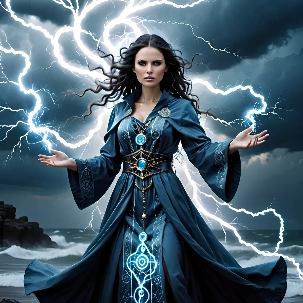 Prompt: (beautiful human noble woman sorcerer), (storm magic), dark hair, elegant attire with intricate magical symbols, vivid stormy backdrop with swirling clouds, glimmering electricity in the air, mystical ambiance, dramatic lighting highlighting her features, poised expression, flowing robe with deep blue and silver tones, ultra-detailed, ethereal presence, enchanting atmosphere, captivating and powerful stance.