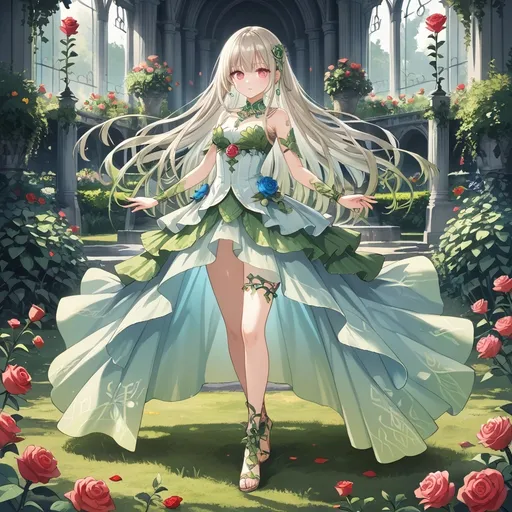 Prompt: (full body image of Rose, illustrated) Rose as an botanist, platinum blonde hair, striking pink eyes, using plant magic, vibrant and lush floral elements surrounding her, dynamic poses showing her connection with plants, enchanting atmosphere, depth of colors highlighting the magical aspect, ultra-detailed and high-quality illustration akin to a magical realism, capturing the essence of flora and ethereal beauty.