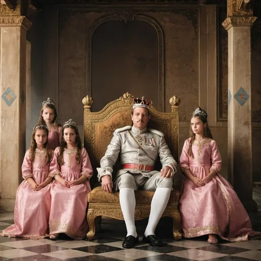 Prompt: A king next to his three daughters sitting in a palace