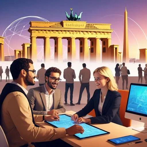 Prompt: Animated digital illustration of software collaboration between colleagues from Egypt and Germany, dynamic teamwork, professional setting, modern digital art, blonde and arabic colleague, vibrant colors, energetic atmosphere, futuristic devices, showing the brandenburger tor and the gizeh pyramids in the background, collaborative workspace, global connection, professional, vibrant lighting