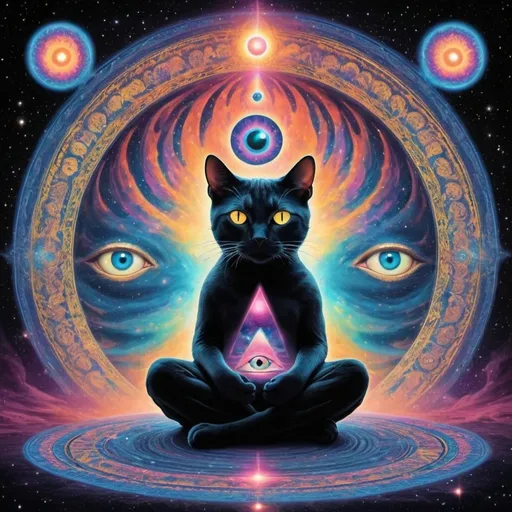 Prompt: Psychedelic cat meditating with a third eye floating in the Abyss of unknown parallel universes 