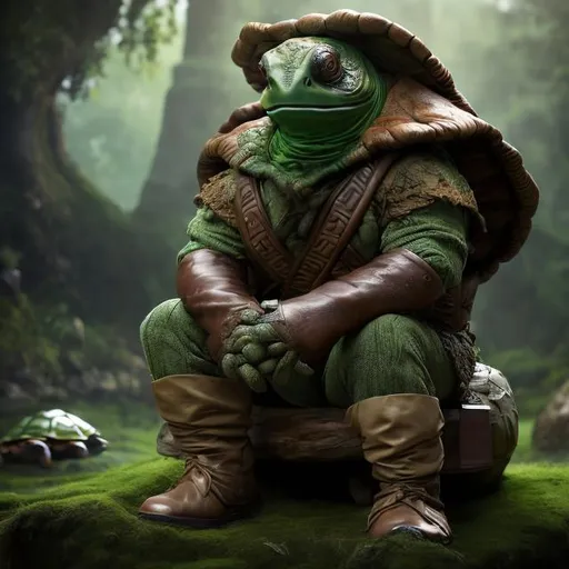Prompt: Low and fat turtle farmer in brown leather jerkin and trousers, seated on a rock, green cloak, hoof on the back, white gloves, green leather boots, detailed outfit, highres, realistic, fantasy, forest setting, dramatic lighting, green scaly skin, facial turtle features, turtle face, intense gaze, professional, fat form, turtle figure, full picture, center of piccture