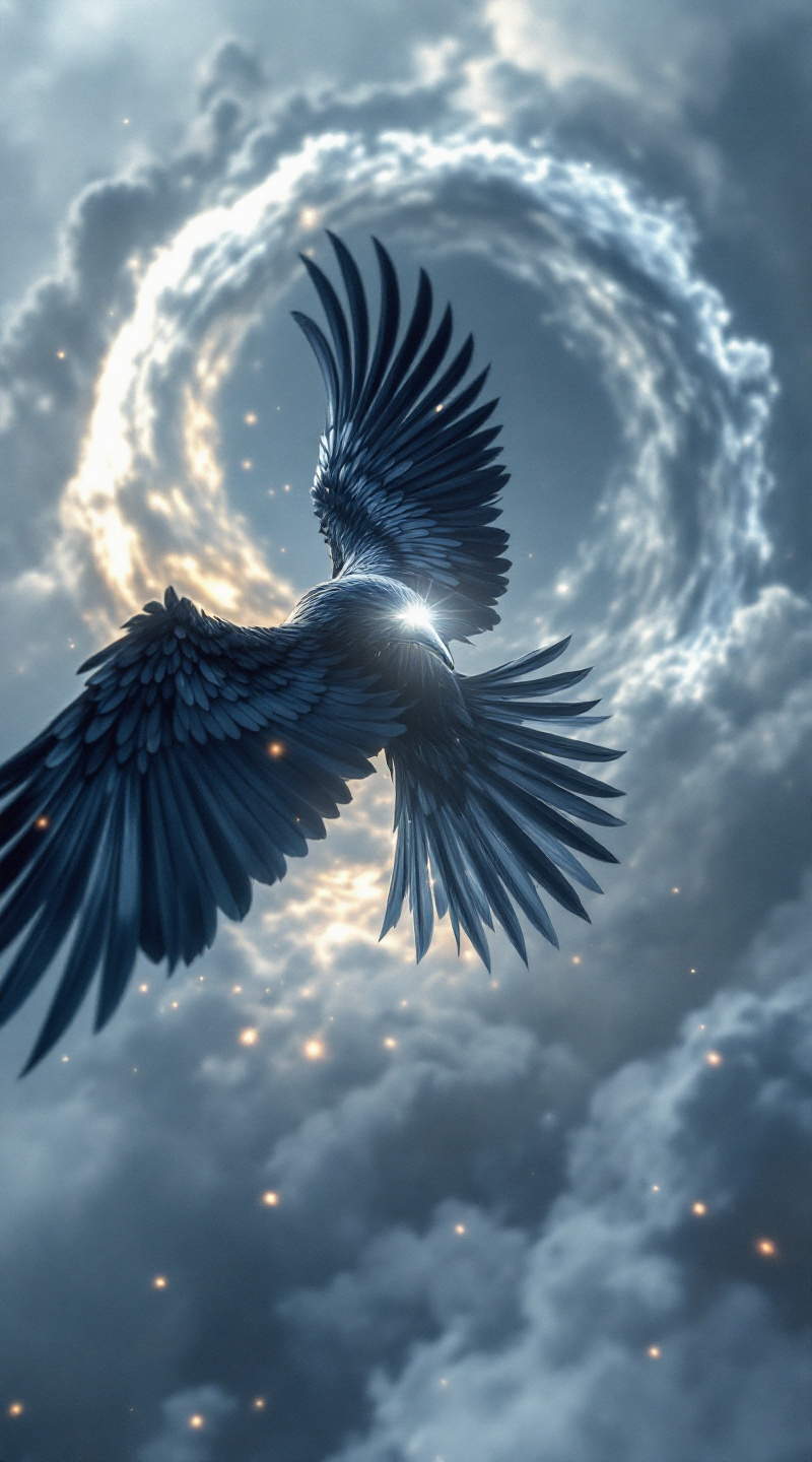 Prompt: A majestic crow with feathers colored in a perfect yin-yang pattern — one side of its body sleek, inky black with subtle feather shimmer, the other side a soft, glowing white with ethereal highlights. Its wings are spread wide in dramatic mid-flight, showcasing the stark contrast and balance of the design. The crow’s eyes glow faintly — one white, one black — symbolizing balance within. It soars through a misty twilight sky, with swirling clouds forming a faint yin-yang shape behind it. Feathers gently scatter light as they move, creating a surreal, almost divine presence. Ultra-realistic, cinematic lighting, hyper-detailed textures, mystical atmosphere, 9:16 aspect ratio.