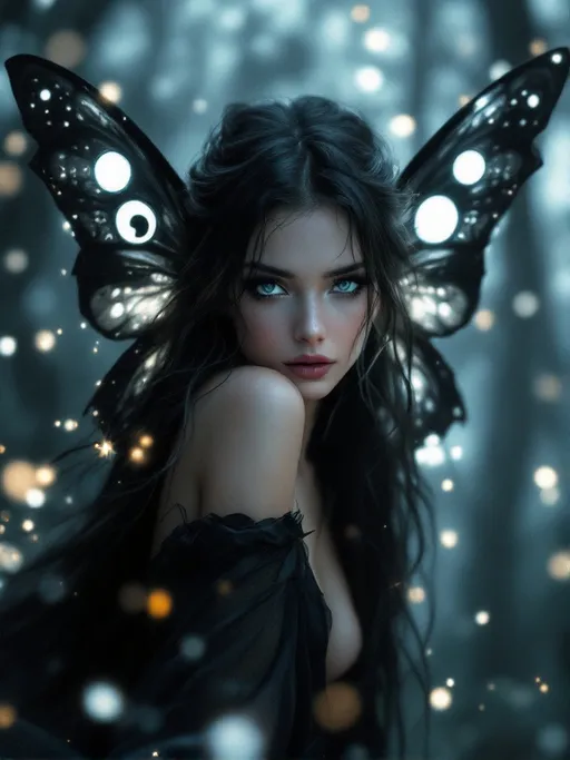 Prompt: Ultra-realistic fantasy fairy with yin yang butterfly wings — one black wing with a glowing white dot, one white wing with a glowing black dot, shaped in a yin yang curve. She faces the camera with direct eye contact, crystal-clear facial features, glowing skin, and long dark hair with soft white streaks. Her eyes are sharp and expressive. She wears a flowing black gown and floats in a misty moonlit forest filled with glowing particles. Magical lighting, cinematic depth, detailed textures, masterpiece clarity, sharp detailed face, ultra-high quality.
