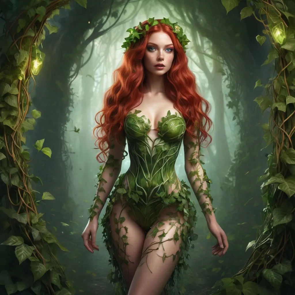 Prompt: Hyper-realistic full-body portrait of an ethereal, seductive female with Poison Ivy energy, standing in a glowing enchanted forest. She has long flowing red hair laced with ivy vines and flowers, glowing green eyes, and a playful, flirty expression. Her outfit is made of living vines and leaves that wrap around her curves in elegant, sensual patterns. Her skin glows with a soft, radiant light, and faint bioluminescent markings shimmer across her arms and thighs. Magical plants twist and move around her feet, drawn to her aura. Behind her, glowing mushrooms, ancient trees, and floating spores fill the dreamy background. The atmosphere is mystical, seductive, and divine. 9:16, ultra-detailed, cinematic lighting, crisp focus, vivid colors, glowing magical ambiance.
