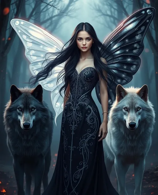 Prompt: A hyper-realistic fantasy portrait of Sableya, a young enchantress with glowing yin-yang butterfly wings. She stands gracefully in an ancient twilight forest filled with soft mist and floating embers. Her long, silky black hair flows gently in the wind, framing her ethereal face. Her eyes are a pale, whitish-blue, glowing faintly like moonlight through fog. Her gown is elegant and regal — fitted but flowing, made of dark silk with silver thread forming intricate celestial and wing-like patterns. Her wings are large and luminous — one white, one black, radiating quiet energy. Beside her stand two massive wolves, one white and one black, calm and protective. The atmosphere is magical, balanced, and dignified — a perfect embodiment of duality and power.
