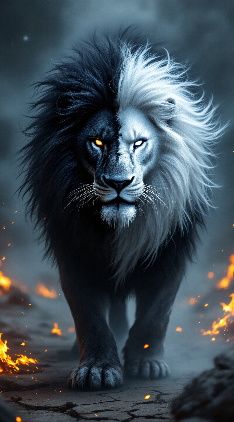 Prompt: Ultra-realistic, powerful lion with a fierce and commanding presence. Its mane is divided into perfect yin yang contrast — one side jet black, the other bright white, swirling with energy. One eye glows bright white, the other deep black, symbolizing perfect balance. The lion stands in a stormy, cracked battlefield with mist and embers swirling around it. Its expression is intense, wise, and untouchable — a guardian of duality. The wind catches its mane as it roars in silence. Cinematic lighting, sharp textures, glowing particles, highly detailed fur, masterpiece quality, epic fantasy, dark and mystical, warrior energy, photorealistic clarity.
