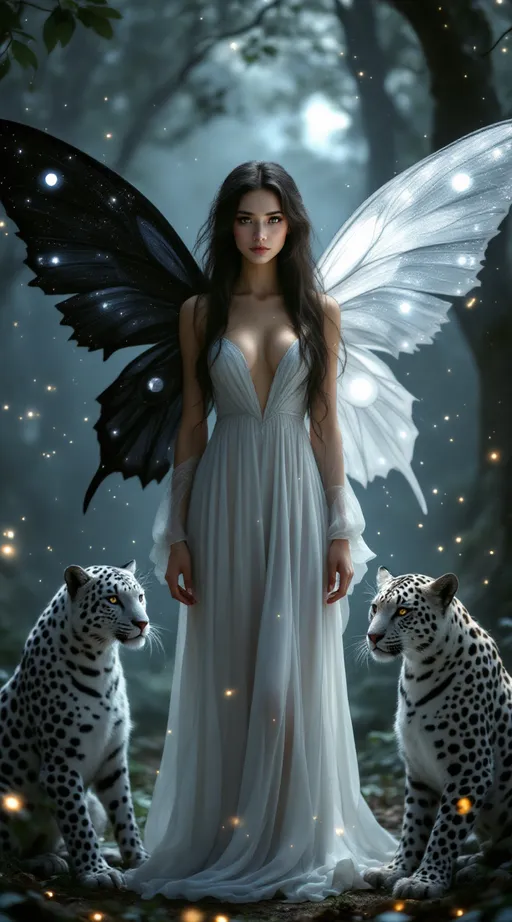 Prompt: Ultra-realistic fantasy fairy with yin yang butterfly wings — one black with a glowing white dot, one white with a glowing black dot. She stands in a misty moonlit forest, facing the camera with soft, natural facial beauty. Her features are elegant and gentle, glowing skin, expressive eyes, and long flowing dark hair with subtle white streaks. She wears a graceful, flowing gown — not revealing — and her expression is peaceful and powerful. A white leopard and black leopard sit calmly at her sides. The forest is glowing with soft light, mist, and magical particles. Natural beauty, cinematic lighting, angelic presence, realistic proportions, no exaggeration, masterpiece quality.



