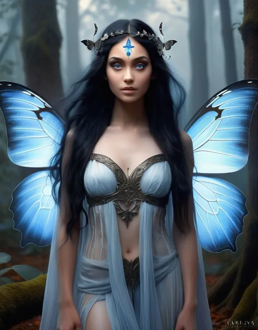 Prompt: A hyper-realistic fantasy portrait of Sableya, a young enchantress with glowing yin-yang butterfly wings. She stands gracefully in an ancient twilight forest filled with soft mist and floating embers. Her long, silky black hair flows gently in the wind, framing her ethereal face. Her eyes are a pale, whitish-blue, glowing faintly like moonlight through fog. Her gown is elegant and regal — fitted but flowing, made of dark silk with silver thread forming intricate celestial and wing-like patterns. Her wings are large and luminous — one white, one black, radiating quiet energy. Beside her stand two massive wolves, one white and one black, calm and protective. The atmosphere is magical, balanced, and dignified — a perfect embodiment of duality and power.
