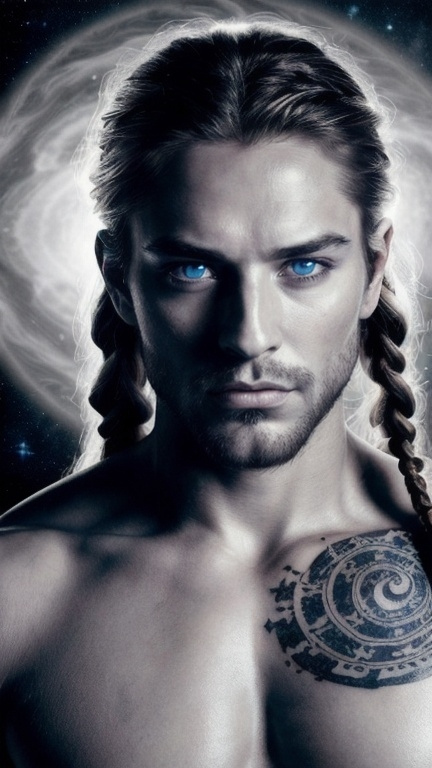 Prompt: Hyper-realistic fantasy portrait of a breathtakingly handsome man with a celestial aura. He has long, tousled hair braided down both sides—one braid white, the other black. His eyes are mesmerizing—one glowing light blue like the sky before dawn, the other a deep molten gold. His expression is intense, confident, and hauntingly calm, like a god who’s seen too much but still craves connection. His chest is bare, muscular, and inked with glowing sacred tattoos—ancient symbols of balance wrapping around his ribs and collarbone. He wears a black-and-white open robe draped over his shoulders, revealing his body like a fallen celestial warrior. A soft halo of yin-yang light surrounds him, and subtle wind moves through his hair. The background is cosmic twilight, stars swirling behind him like destiny itself. Eyes locked on the viewer—unshakable, seductive, divine.
