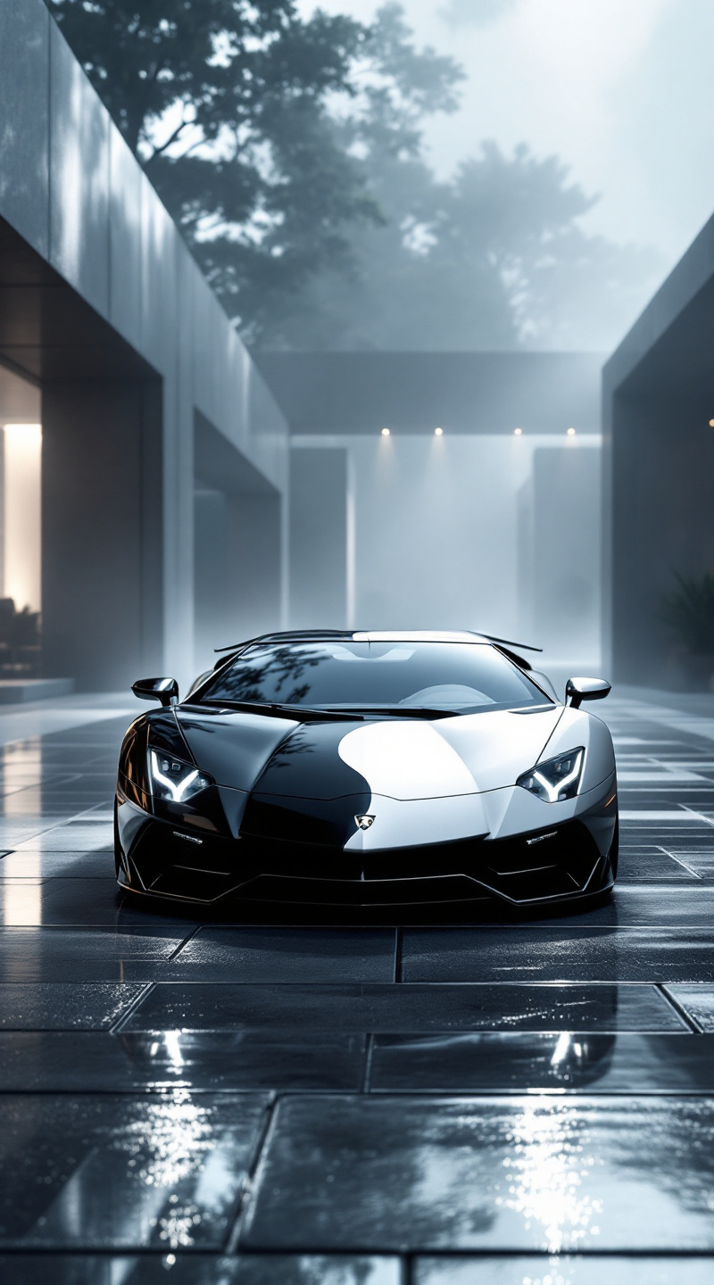 Prompt: A Lamborghini Aventador sports car with a bold yin-yang inspired design – one half in glossy black brushed metal and the other half in matte white brushed metal – the two halves merging in a subtle swirl along the center of the body. The car is parked at a slight angle on a polished stone courtyard in a futuristic zen garden, shrouded in light mist. Glowing ambient lighting and cinematic light rays reflect off the car’s surfaces, highlighting the contrast between the shiny black side and the silky white side, and casting soft shadows on the ground. Ultra-detailed hyper-realistic reflections, high texture fidelity on the brushed metal, and dramatic high-contrast lighting create a balanced yet striking scene. The atmosphere is elegant, surreal, and perfectly balanced, capturing the harmonious spirit of yin and yang
