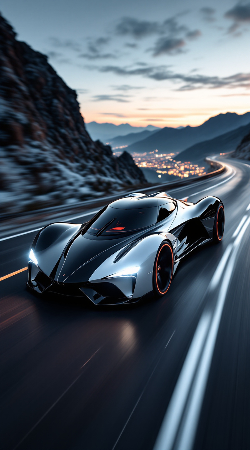 Prompt: A futuristic, high-performance sports car with a bold yin-yang color scheme — one half of the vehicle is glossy black brushed metal, the other matte white brushed metal, blending smoothly where they meet in a swirling pattern. The car is speeding along a sleek mountain road under twilight skies, glowing city lights in the distance. Motion blur trails behind it, wheels spinning fast, headlights cutting through light mist. The black and white design reflects dramatically under ambient lighting, emphasizing the balance of dark and light. Hyper-realistic textures, cinematic atmosphere, dynamic camera angle, 9:16 aspect ratio.