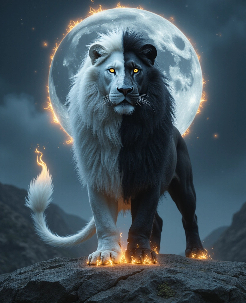 Prompt: A majestic yin-yang lion standing powerfully in a mystical landscape. Its body is split in perfect balance — one half pure white with glowing silver eyes, the other deep black with fiery golden eyes. The transition between colors is smooth and natural, with a swirling blend along the spine, symbolizing harmony. Its mane flows like a celestial flame, blending black and white strands like opposing energies in motion. The lion stands on ancient stone surrounded by glowing symbols of balance, under a moonlit sky shaped like a yin-yang symbol. Ethereal light glows around its paws. Hyper-realistic textures, cinematic lighting, ultra-detailed fur and eyes, mystical atmosphere, 9:16 aspect r