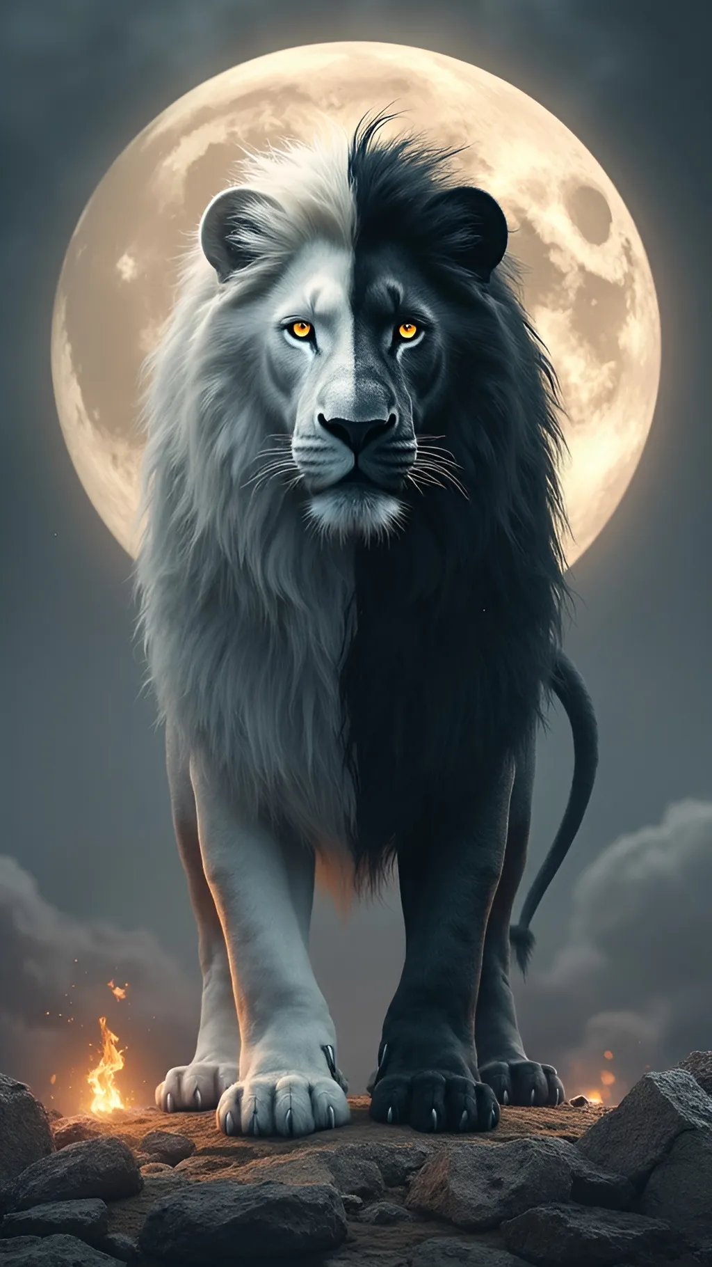 Prompt: A majestic yin-yang lion standing powerfully in a mystical landscape. Its body is split in perfect balance — one half pure white with glowing silver eyes, the other deep black with fiery golden eyes. The transition between colors is smooth and natural, with a swirling blend along the spine, symbolizing harmony. Its mane flows like a celestial flame, blending black and white strands like opposing energies in motion. The lion stands on ancient stone surrounded by glowing symbols of balance, under a moonlit sky shaped like a yin-yang symbol. Ethereal light glows around its paws. Hyper-realistic textures, cinematic lighting, ultra-detailed fur and eyes, mystical atmosphere, 9:16 aspect r