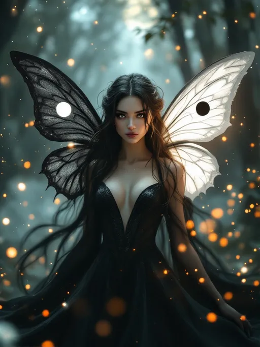 Prompt: Ultra-realistic fantasy fairy with yin yang butterfly wings — one black wing with a glowing white dot, one white wing with a glowing black dot, shaped in a yin yang curve. She faces the camera with direct eye contact, crystal-clear facial features, glowing skin, and long dark hair with soft white streaks. Her eyes are sharp and expressive. She wears a flowing black gown and floats in a misty moonlit forest filled with glowing particles. Magical lighting, cinematic depth, detailed textures, masterpiece clarity, sharp detailed face, ultra-high quality.
