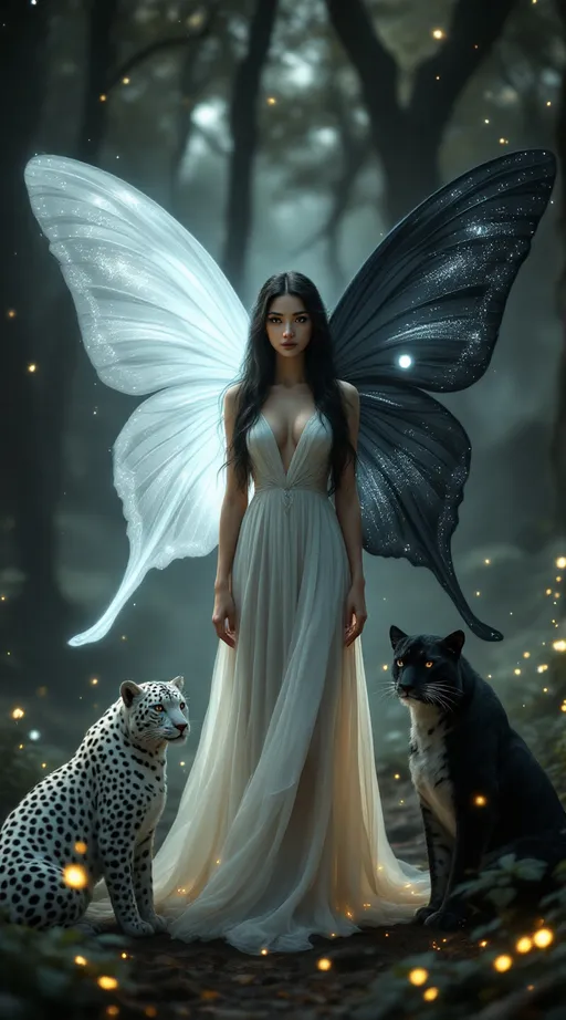 Prompt: Ultra-realistic fantasy fairy with yin yang butterfly wings — one black with a glowing white dot, one white with a glowing black dot. She stands in a misty moonlit forest, facing the camera with soft, natural facial beauty. Her features are elegant and gentle, glowing skin, expressive eyes, and long flowing dark hair with subtle white streaks. She wears a graceful, flowing gown — not revealing — and her expression is peaceful and powerful. A white leopard and black leopard sit calmly at her sides. The forest is glowing with soft light, mist, and magical particles. Natural beauty, cinematic lighting, angelic presence, realistic proportions, no exaggeration, masterpiece quality.



