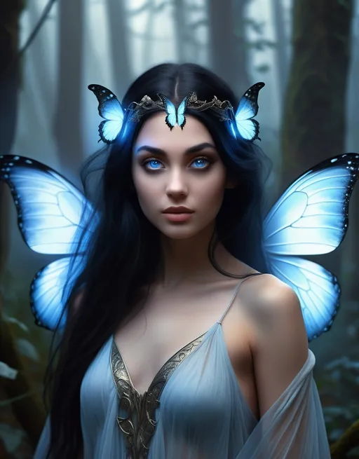 Prompt: A hyper-realistic fantasy portrait of Sableya, a young enchantress with glowing yin-yang butterfly wings. She stands gracefully in an ancient twilight forest filled with soft mist and floating embers. Her long, silky black hair flows gently in the wind, framing her ethereal face. Her eyes are a pale, whitish-blue, glowing faintly like moonlight through fog. Her gown is elegant and regal — fitted but flowing, made of dark silk with silver thread forming intricate celestial and wing-like patterns. Her wings are large and luminous — one white, one black, radiating quiet energy. Beside her stand two massive wolves, one white and one black, calm and protective. The atmosphere is magical, balanced, and dignified — a perfect embodiment of duality and power.
