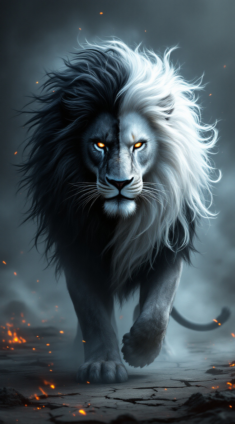 Prompt: Ultra-realistic, powerful lion with a fierce and commanding presence. Its mane is divided into perfect yin yang contrast — one side jet black, the other bright white, swirling with energy. One eye glows bright white, the other deep black, symbolizing perfect balance. The lion stands in a stormy, cracked battlefield with mist and embers swirling around it. Its expression is intense, wise, and untouchable — a guardian of duality. The wind catches its mane as it roars in silence. Cinematic lighting, sharp textures, glowing particles, highly detailed fur, masterpiece quality, epic fantasy, dark and mystical, warrior energy, photorealistic clarity.
