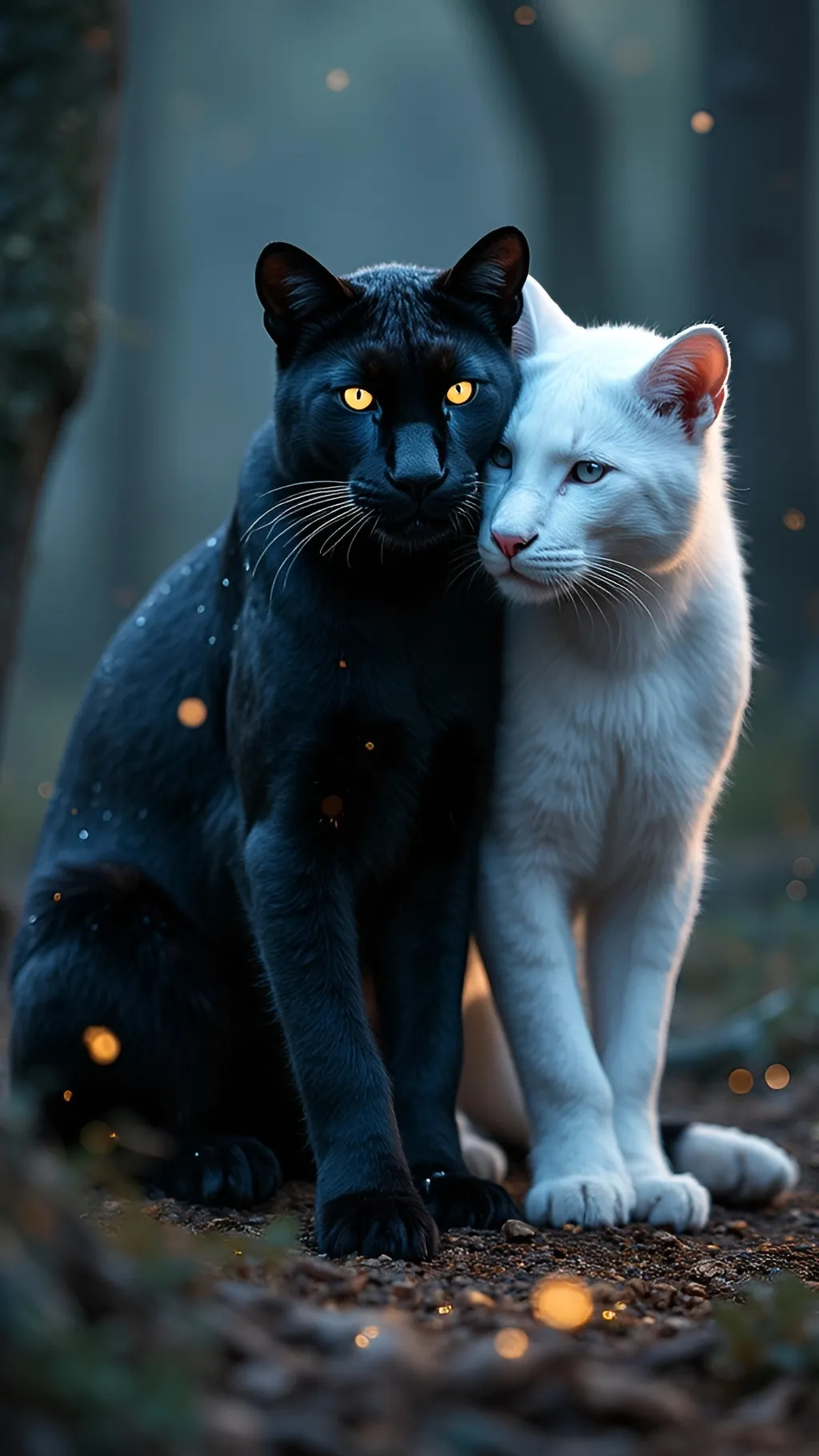 Prompt: A stunning yin-yang themed black panther, posed in a mystical, moonlit forest. One side of its body is jet black with faint shimmering patterns like starlight across its fur, the other side is radiant white with subtle silver markings like flowing mist. The two colors blend smoothly at the center, forming a swirling yin-yang shape along its spine and face. One eye glows white, the other black, symbolizing duality and balance. The ground beneath it glows faintly with ancient yin-yang symbols, and soft fireflies float around, adding a magical aura. Hyper-realistic fur texture, intense gaze, cinematic lighting, moody twilight atmosphere, 9:16 aspect ratio.