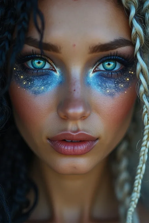 Prompt: 
A stunning close-up portrait of a uniquely beautiful Caucasian woman with flawless, soft skin and striking, symmetrical features. She has two long braids — one black and one white — framing her face. Her expression is serene and powerful. Her eyes are wide open, glowing with cosmic energy, and inside her irises are vivid galaxies, swirling stars, nebulae, and celestial light. The cosmic patterns are clearly visible, like a universe reflected within her gaze. Soft cinematic lighting highlights her face and eyes, with subtle magical energy surrounding her. Hyper-realistic detail in skin, facial features, and especially the galaxy-filled eyes. Photorealism, 9:16 vertical, mystical fantasy atmosphere.

