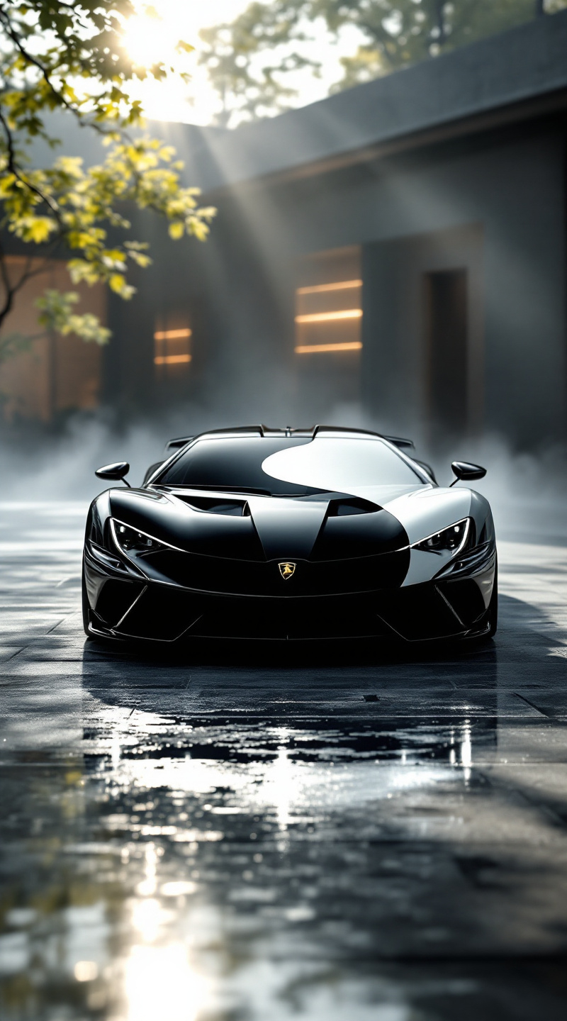 Prompt: A Lamborghini Aventador sports car with a bold yin-yang inspired design – one half in glossy black brushed metal and the other half in matte white brushed metal – the two halves merging in a subtle swirl along the center of the body. The car is parked at a slight angle on a polished stone courtyard in a futuristic zen garden, shrouded in light mist. Glowing ambient lighting and cinematic light rays reflect off the car’s surfaces, highlighting the contrast between the shiny black side and the silky white side, and casting soft shadows on the ground. Ultra-detailed hyper-realistic reflections, high texture fidelity on the brushed metal, and dramatic high-contrast lighting create a balanced yet striking scene. The atmosphere is elegant, surreal, and perfectly balanced, capturing the harmonious spirit of yin and ya