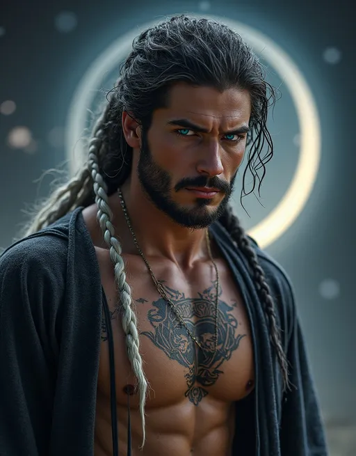 Prompt: Hyper-realistic fantasy portrait of a breathtakingly handsome man with a celestial aura. He has long, tousled hair braided down both sides—one braid white, the other black. His eyes are mesmerizing—one glowing light blue like the sky before dawn, the other a deep molten gold. His expression is intense, confident, and hauntingly calm, like a god who’s seen too much but still craves connection. His chest is bare, muscular, and inked with glowing sacred tattoos—ancient symbols of balance wrapping around his ribs and collarbone. He wears a black-and-white open robe draped over his shoulders, revealing his body like a fallen celestial warrior. A soft halo of yin-yang light surrounds him, and subtle wind moves through his hair. The background is cosmic twilight, stars swirling behind him like destiny itself. Eyes locked on the viewer—unshakable, seductive, divine. Full body, toned body. Seductive. 

