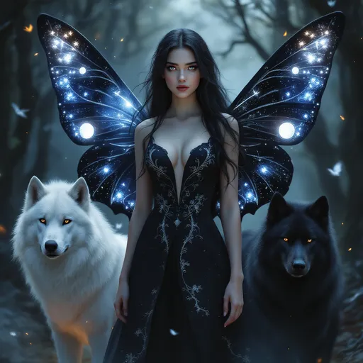 Prompt: A hyper-realistic fantasy portrait of Sableya, a young enchantress with glowing yin-yang butterfly wings. She stands gracefully in an ancient twilight forest filled with soft mist and floating embers. Her long, silky black hair flows gently in the wind, framing her ethereal face. Her eyes are a pale, whitish-blue, glowing faintly like moonlight through fog. Her gown is elegant and regal — fitted but flowing, made of dark silk with silver thread forming intricate celestial and wing-like patterns. Her wings are large and luminous — one white, one black, radiating quiet energy. Beside her stand two massive wolves, one white and one black, calm and protective. The atmosphere is magical, balanced, and dignified — a perfect embodiment of duality and power.
