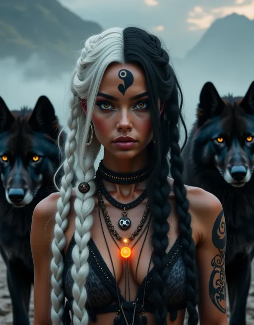 Prompt: Strikingly beautiful Indian woman with long braided hair — one braid pure white, the other deep black. She has one glowing white eye and one intense black eye, both incredibly vibrant and filled with power. Her skin is smooth and radiant, adorned with mystical black tribal tattoos and glowing yin-yang symbols across her chest, and arms. She stands in a surreal yin-yang inspired realm, where twilight skies swirl in black and white above her. Her expression is calm but commanding — a goddess of balance and spirit. High-detail, cinematic lighting, hyper-realistic,  unique beauty, full body,  beautiful imperfections. Large black wolves stand near her. 9:16 vertical.
