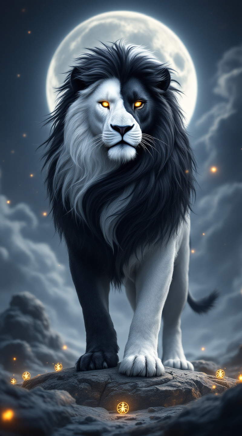 Prompt: A majestic yin-yang lion standing powerfully in a mystical landscape. Its body is split in perfect balance — one half pure white with glowing silver eyes, the other deep black with fiery golden eyes. The transition between colors is smooth and natural, with a swirling blend along the spine, symbolizing harmony. Its mane flows like a celestial flame, blending black and white strands like opposing energies in motion. The lion stands on ancient stone surrounded by glowing symbols of balance, under a moonlit sky shaped like a yin-yang symbol. Ethereal light glows around its paws. Hyper-realistic textures, cinematic lighting, ultra-detailed fur and eyes, mystical atmosphere, 9:16 aspect r
