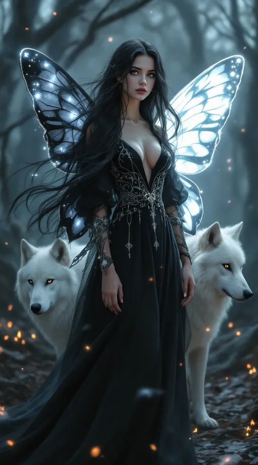 Prompt: A hyper-realistic fantasy portrait of Sableya, a young enchantress with glowing yin-yang butterfly wings. She stands gracefully in an ancient twilight forest filled with soft mist and floating embers. Her long, silky black hair flows gently in the wind, framing her ethereal face. Her eyes are a pale, whitish-blue, glowing faintly like moonlight through fog. Her gown is elegant and regal — fitted but flowing, made of dark silk with silver thread forming intricate celestial and wing-like patterns. Her wings are large and luminous — one white, one black, radiating quiet energy. Beside her stand two massive wolves, one white and one black, calm and protective. The atmosphere is magical, balanced, and dignified — a perfect embodiment of duality and power.
