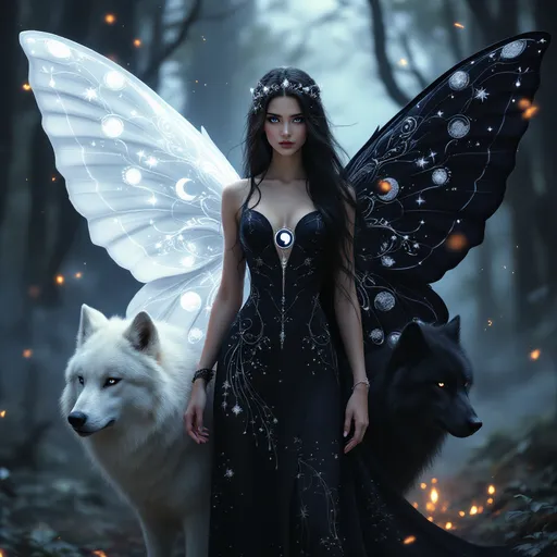 Prompt: A hyper-realistic fantasy portrait of Sableya, a young enchantress with glowing yin-yang butterfly wings. She stands gracefully in an ancient twilight forest filled with soft mist and floating embers. Her long, silky black hair flows gently in the wind, framing her ethereal face. Her eyes are a pale, whitish-blue, glowing faintly like moonlight through fog. Her gown is elegant and regal — fitted but flowing, made of dark silk with silver thread forming intricate celestial and wing-like patterns. Her wings are large and luminous — one white, one black, radiating quiet energy. Beside her stand two massive wolves, one white and one black, calm and protective. The atmosphere is magical, balanced, and dignified — a perfect embodiment of duality and power.
