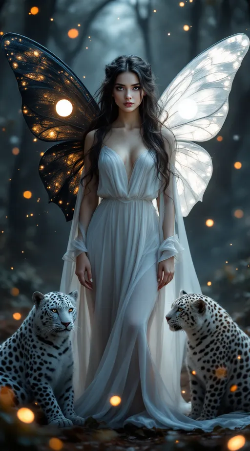Prompt: Ultra-realistic fantasy fairy with yin yang butterfly wings — one black with a glowing white dot, one white with a glowing black dot. She stands in a misty moonlit forest, facing the camera with soft, natural facial beauty. Her features are elegant and gentle, glowing skin, expressive eyes, and long flowing dark hair with subtle white streaks. She wears a graceful, flowing gown — not revealing — and her expression is peaceful and powerful. A white leopard and black leopard sit calmly at her sides. The forest is glowing with soft light, mist, and magical particles. Natural beauty, cinematic lighting, angelic presence, realistic proportions, no exaggeration, masterpiece quality.



