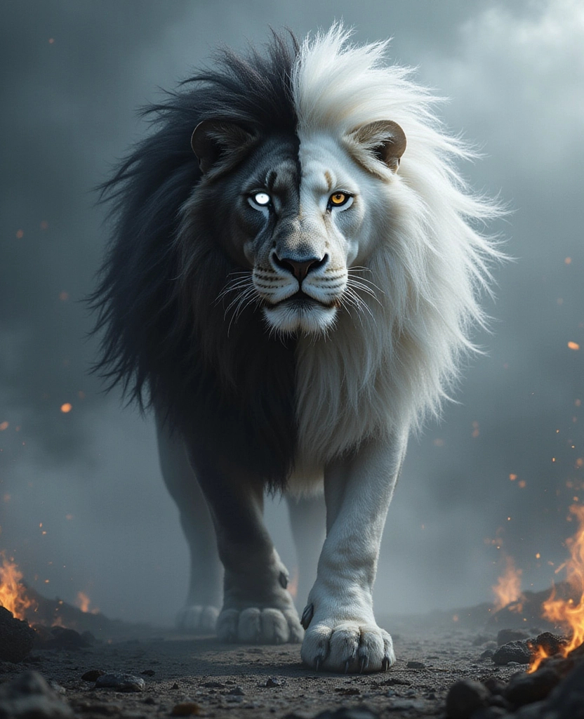 Prompt: Ultra-realistic, powerful lion with a fierce and commanding presence. Its mane is divided into perfect yin yang contrast — one side jet black, the other bright white, swirling with energy. One eye glows bright white, the other deep black, symbolizing perfect balance. The lion stands in a stormy, cracked battlefield with mist and embers swirling around it. Its expression is intense, wise, and untouchable — a guardian of duality. The wind catches its mane as it roars in silence. Cinematic lighting, sharp textures, glowing particles, highly detailed fur, masterpiece quality, epic fantasy, dark and mystical, warrior energy, photorealistic clarity.
