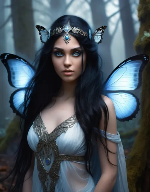 Prompt: A hyper-realistic fantasy portrait of Sableya, a young enchantress with glowing yin-yang butterfly wings. She stands gracefully in an ancient twilight forest filled with soft mist and floating embers. Her long, silky black hair flows gently in the wind, framing her ethereal face. Her eyes are a pale, whitish-blue, glowing faintly like moonlight through fog. Her gown is elegant and regal — fitted but flowing, made of dark silk with silver thread forming intricate celestial and wing-like patterns. Her wings are large and luminous — one white, one black, radiating quiet energy. Beside her stand two massive wolves, one white and one black, calm and protective. The atmosphere is magical, balanced, and dignified — a perfect embodiment of duality and power.
