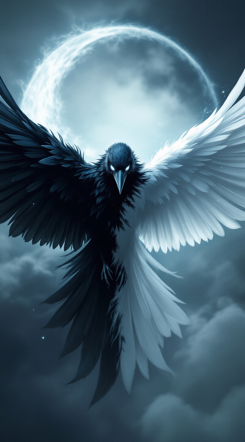 Prompt: A majestic crow with feathers colored in a perfect yin-yang pattern — one side of its body sleek, inky black with subtle feather shimmer, the other side a soft, glowing white with ethereal highlights. Its wings are spread wide in dramatic mid-flight, showcasing the stark contrast and balance of the design. The crow’s eyes glow faintly — one white, one black — symbolizing balance within. It soars through a misty twilight sky, with swirling clouds forming a faint yin-yang shape behind it. Feathers gently scatter light as they move, creating a surreal, almost divine presence. Ultra-realistic, cinematic lighting, hyper-detailed textures, mystical atmosphere, 9:16 aspect ratio.