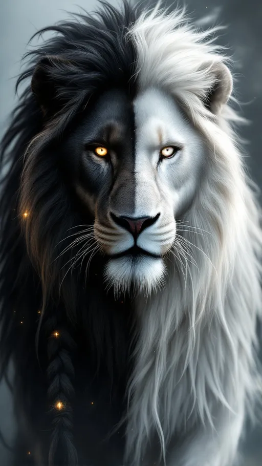 Prompt: 
Strikingly beautiful Native American woman with one long white braid and one long black braid. She has one glowing white eye and one deep black eye, both intense and otherworldly. Her skin is adorned with tribal tattoos and glowing yin-yang symbols. She wears a fitted black-and-white robe or bodysuit with spiritual designs. Beside her stands a massive male lion with a dramatic split down the middle of his body — one side jet black, the other pure white. His mane flows in both colors, blending at the center like swirling energy. One eye glows silver, the other gold. The lion stands calmly, radiating power and sacred balance as swirling yin-yang mist surrounds them. Hyper-realistic, cinematic lighting, ethereal fantasy tone, 9:16.


