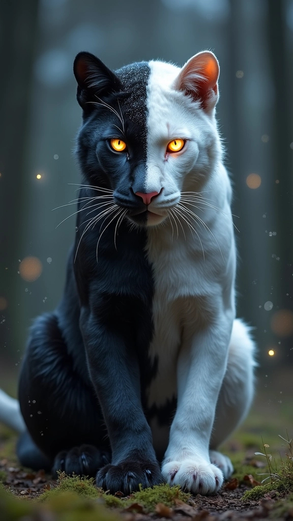 Prompt: A stunning yin-yang themed black panther, posed in a mystical, moonlit forest. One side of its body is jet black with faint shimmering patterns like starlight across its fur, the other side is radiant white with subtle silver markings like flowing mist. The two colors blend smoothly at the center, forming a swirling yin-yang shape along its spine and face. One eye glows white, the other black, symbolizing duality and balance. The ground beneath it glows faintly with ancient yin-yang symbols, and soft fireflies float around, adding a magical aura. Hyper-realistic fur texture, intense gaze, cinematic lighting, moody twilight atmosphere, 9:16 aspect ratio.