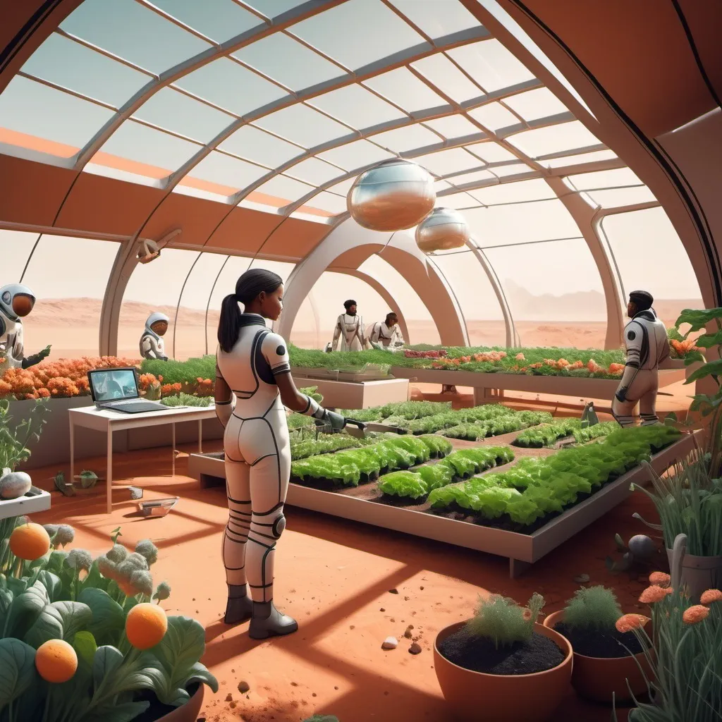 Prompt: young ladies working on the garden with flowers, fruits and vegetables on mars, while young men are building a new farmhouse by the futuristic plants and facilities, emphasize the Mar's atmosphere