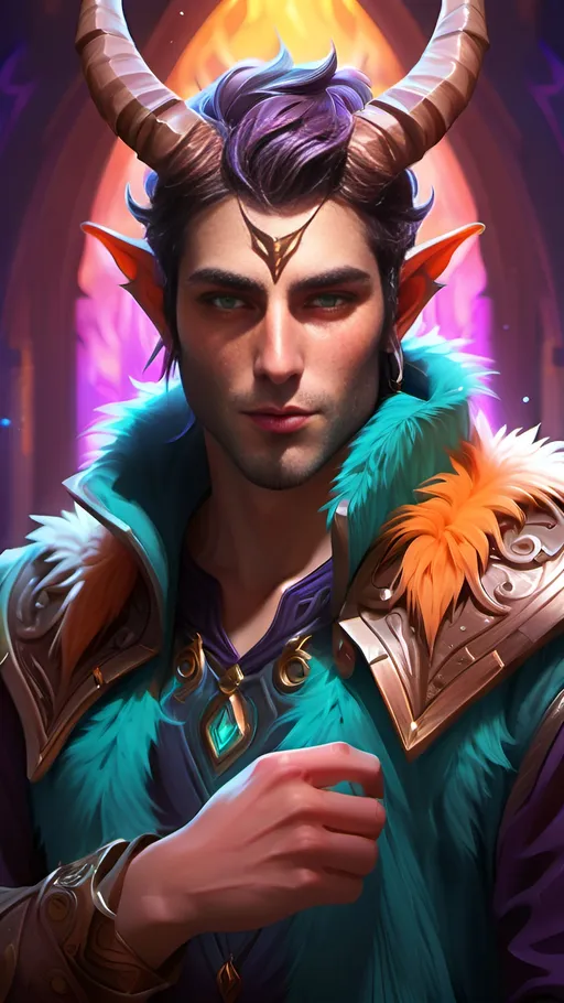 Prompt: (vibrant color scheme), (detailed digital illustration), male styre with horns, holding hand to face, Adam Manyoki, fantasy character design, intricate features, expressive eyes, lush background with magical elements, luminous colors, dynamic lighting, high quality, captivating, enchanting atmosphere, RPG fantasy style, character portrait, showcasing unique fur textures, immersive and fantastical.