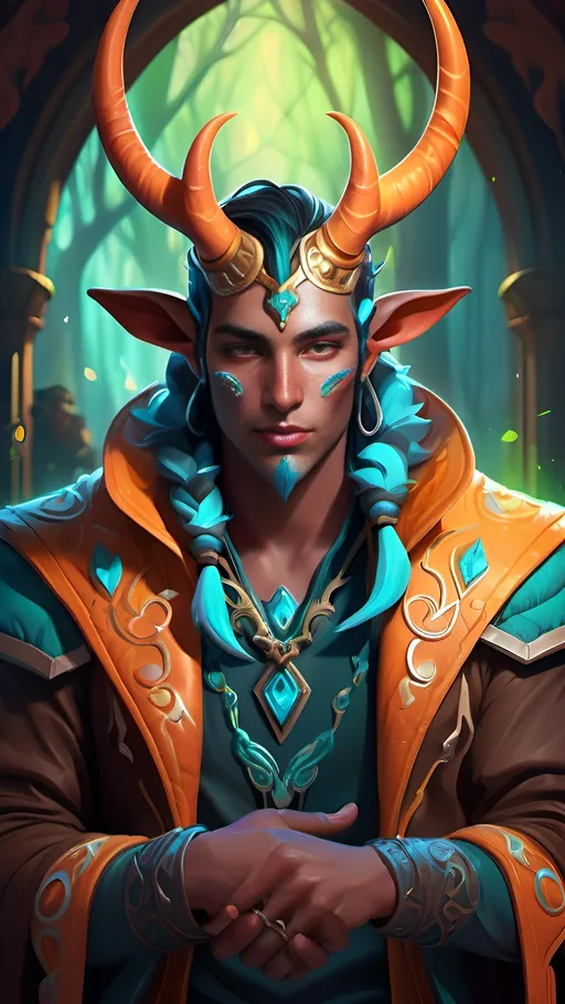 Prompt: (vibrant color scheme), (detailed digital illustration), male styre with horns, holding hand to face, Adam Manyoki, fantasy character design, intricate features, expressive eyes, lush background with magical elements, luminous colors, dynamic lighting, high quality, captivating, enchanting atmosphere, RPG fantasy style, character portrait, showcasing unique fur textures, immersive and fantastical.