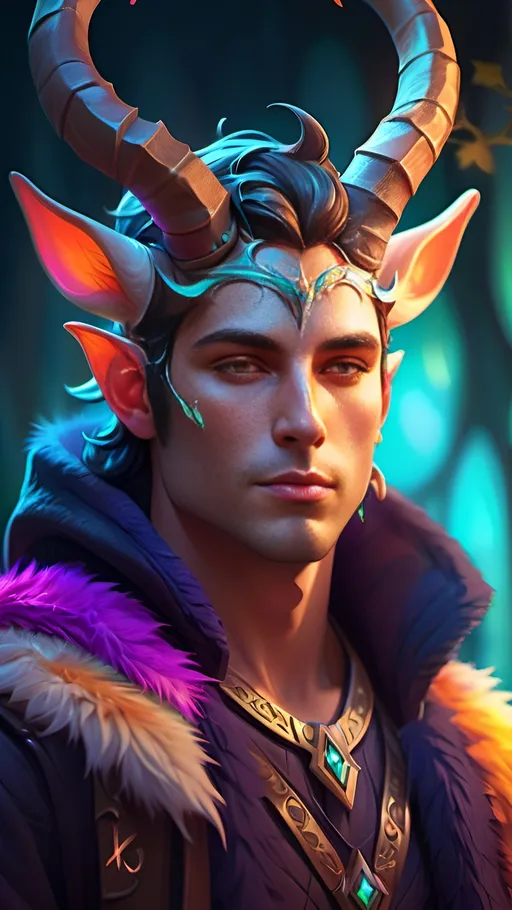 Prompt: (vibrant color scheme), (detailed digital illustration), male styre with horns, holding hand to face, Adam Manyoki, fantasy character design, intricate features, expressive eyes, lush background with magical elements, luminous colors, dynamic lighting, high quality, captivating, enchanting atmosphere, RPG fantasy style, character portrait, showcasing unique fur textures, immersive and fantastical.