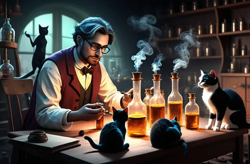 Prompt: Male scientist with cats around,glasses and smoking bottles, dramatic fantasy settlement scene, cinematic lighting