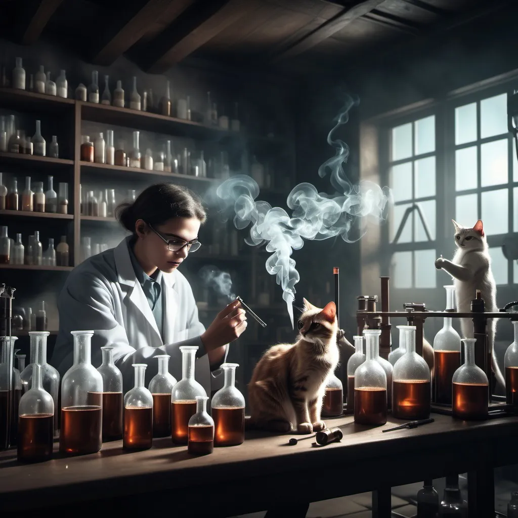 Prompt: Scientist working with cats in lab with tubes and smoking bottles, dramatic fantasy settlement scene, cinematic lighting