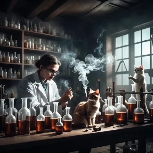 Prompt: Scientist working with cats in lab with tubes and smoking bottles, dramatic fantasy settlement scene, cinematic lighting