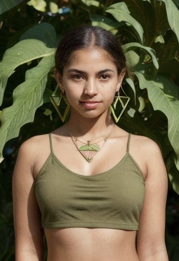 Prompt: Paint a portrait of an earthy 17-year-old American-hispanic girl with a small frame. She has a green crop top and brown cargo pants which perfectly complements her triangle-shaped body. Her soft round face, defined eyebrows, small upturned nose and plump lips are framed by her wolf-cut cinnamon hair. Her medium sized light hazel eyes add to her feisty charm. Her honey beige skin tone contrasts beautifully with the leaf earrings adorning her ears, and the simple leaf necklace that graces her neckline. As she stands in a green house, a leaf bracelet on her right wrist catches the sunlight. She embodies a sense of timeless renewal and fruitfulness, making her a captivating subject.