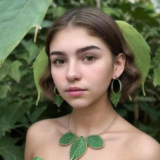 Prompt: Create a white Mexican 20 year old woman with a round face, defined eyebrows, a small upturned nose, cinnamon wolf-cut hair, hazel eyes, honey beige skin. Give her leaf shaped earrings, a simple necklace and bracelet. Paint her standing in a green house.