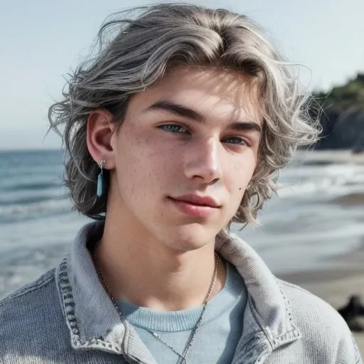 Prompt: Paint a portrait of an 18-year-old boy with a lean frame. He has a light blue baggy sweater, a simple white top underneath it, and a light blue denim jeans which perfectly complement his trapezoid frame. His heart-shaped face, soft eyebrows, small greek shaped nose and plump are framed by his shaggy and thick blonde waves exude a fun charm. His sparkling medium sized cool grey eyes and the slight freckles give him a calm but happy feeling. The soft light pebble hue of his skin contrasts beautifully with the silver lightning shaped earring in his right ear, and the small silver hoop and silver ball stud in his left ear. A thin silver chain  graces his neckline. As he stands at the to of a hill, two silver chain bracelet catch the sunlight. He embodies a sense of easygoing adventure, making him a captivating subject.