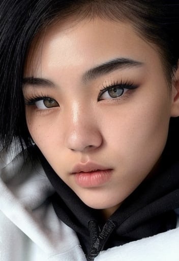 Prompt: Paint a picture of a mixed Korean-American 19-year-old tomboy girl with a toned body and a striking diamond-shaped face, sharp eyebrows and a mesorrhine nose. She has very short black hair that gives her a masculine charm. Her irises are multiple colors, they are amber red around the pupil and turn into an ocean blue color at the edges. She a vanilla skin tone that highlights her striking beauty in a fierce way. She's wearing an oversized hoodie in the colours red and black and exudes confidence and aloofness. She is surrounded by snow covered trees and snowflakes can are falling 